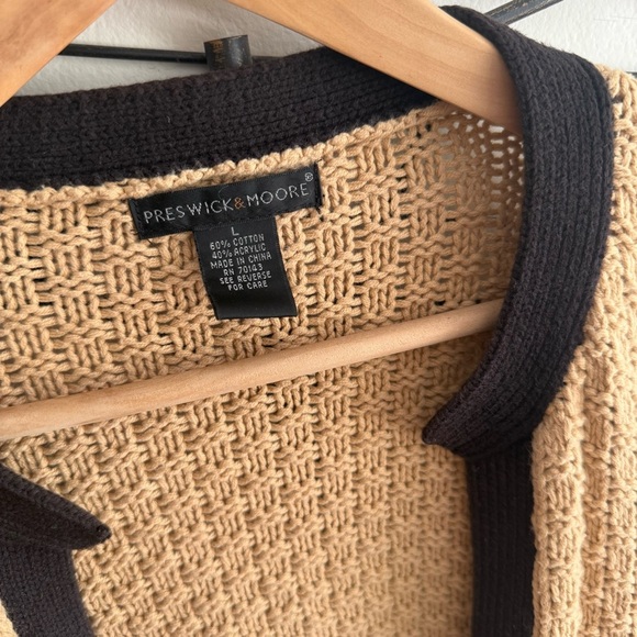 Preswick & Moore Camel Black Trim Cardigan Women’s M Cotton Knit Fall Parisian - Picture 2 of 7
